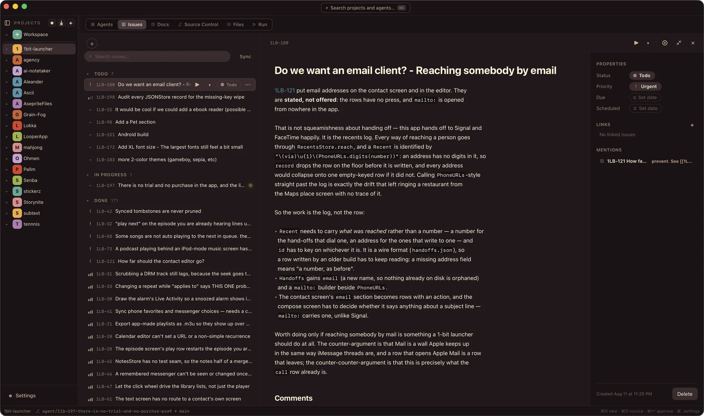 The Issues tab: a board grouped by Todo, In progress and Done, with an open issue detail showing the body, properties, priority and linked mentions.