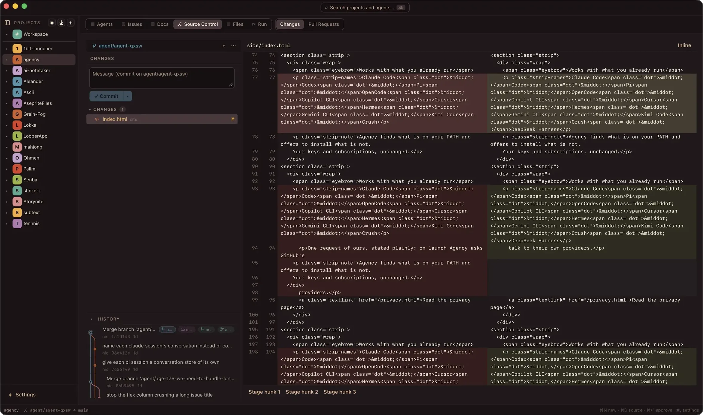 Source Control Changes: a side-by-side diff open for review, the commit form for the agent branch, and the branch history graph below.